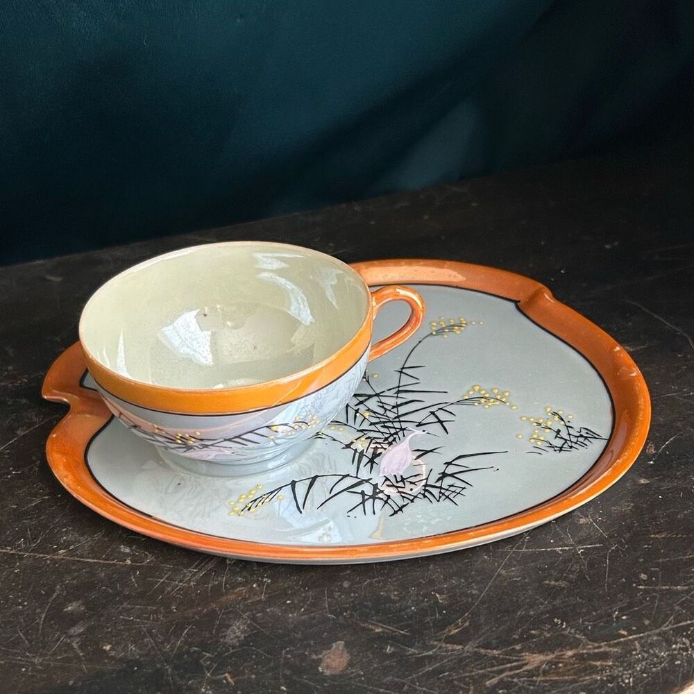 Gold Castle Chikusa Vintage Hand Painted Crain Lusterware Appetizer Plate & Cup